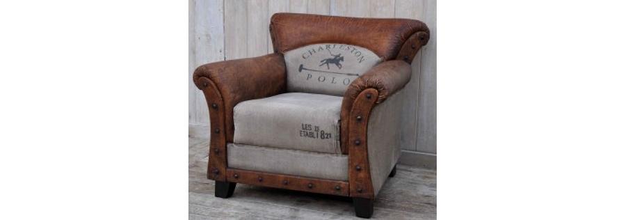 Vintage style armchair leather and canvas