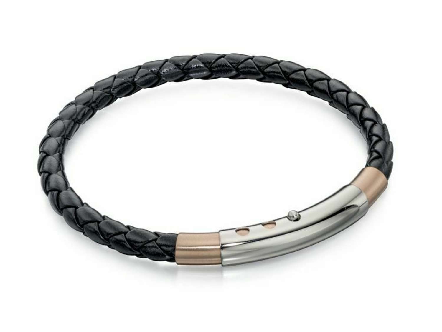 Fred Bennett - stainless steel black leather & rose mens bracelet