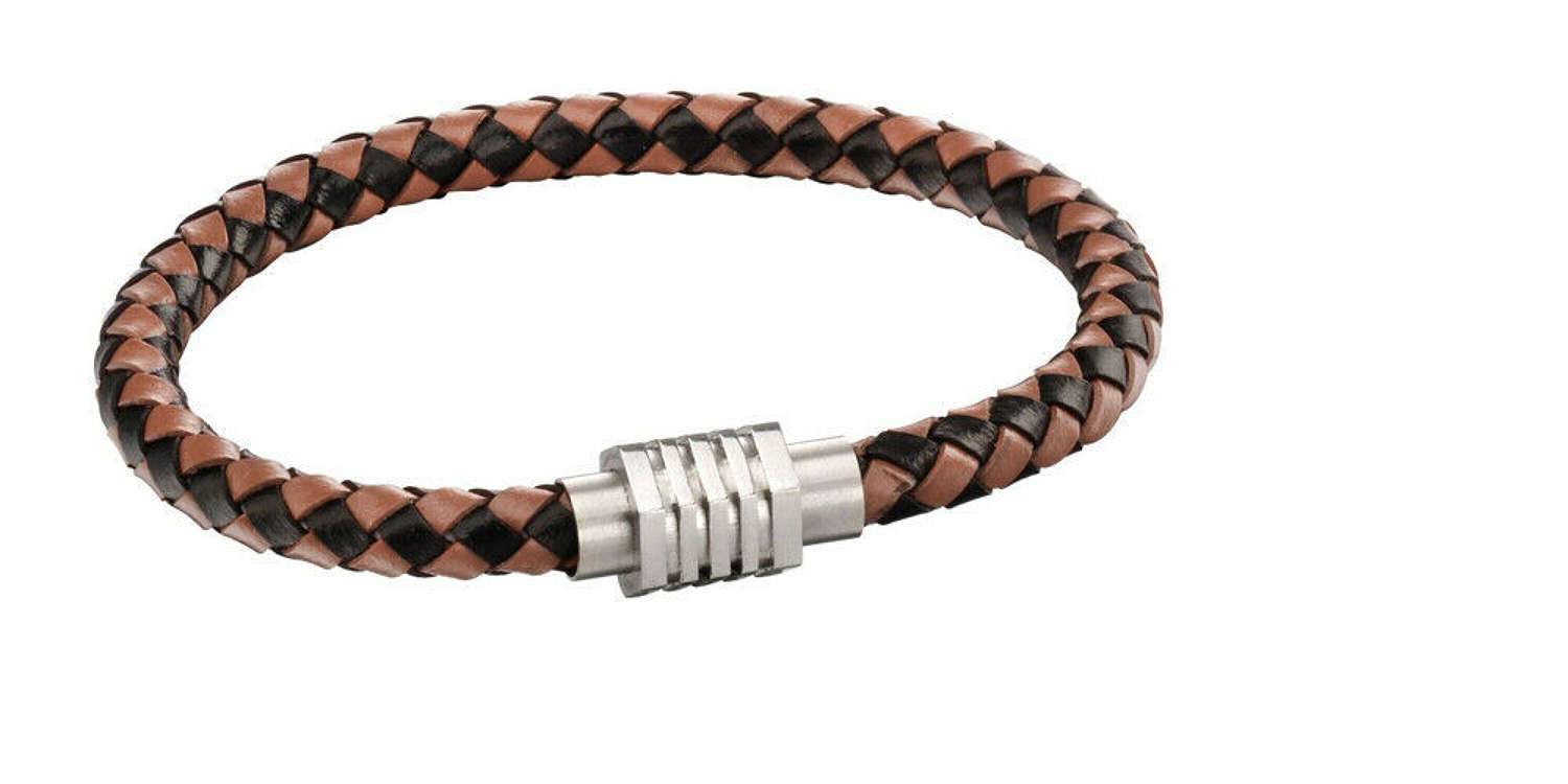Fred Bennett - Men`s leather brown woven bracelet with hexagon clasp