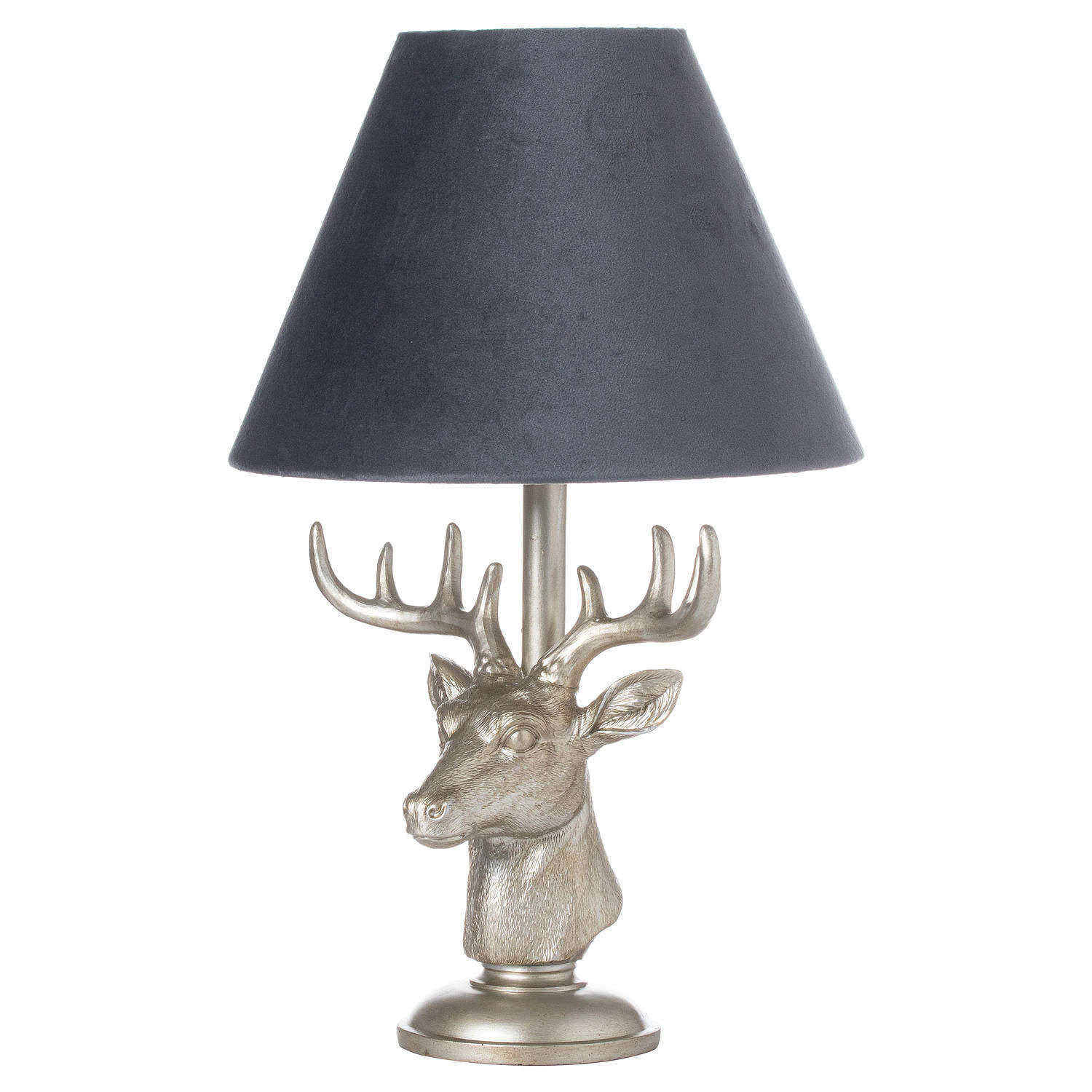 Silver Stag Head Table Lamp with Grey Velvet Shade  Ref-21452