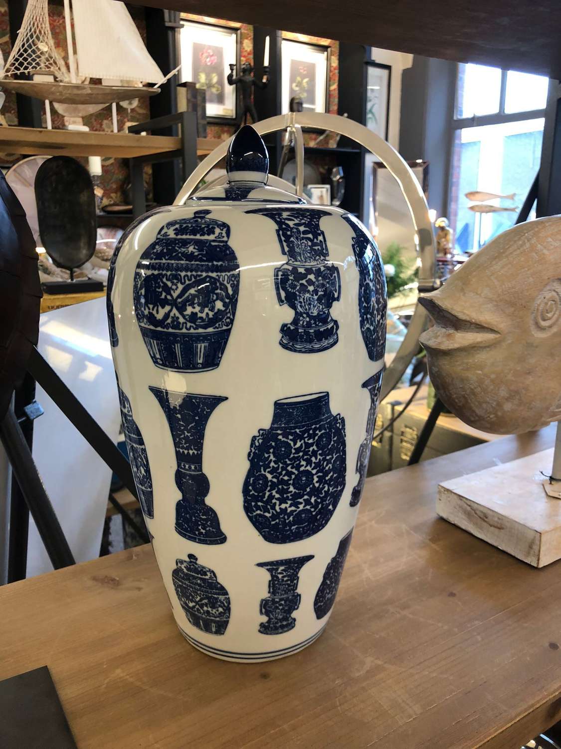 Blue and White Lidded Ceramic Jar.